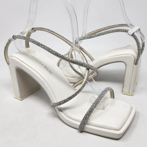 Azalea Wang Heeled Sandals Women 7 White Statement Sparkle Strappy Square Toe - Picture 2 of 10